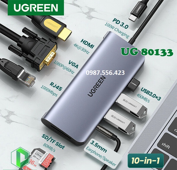 Cáp chuyển đổi đa năng  USB Type C 10 in 1 chính hãng Ugreen model UG-80133